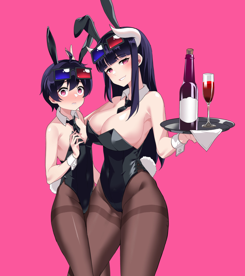 1boy 1girl 3d_glasses absurdres alcohol animal_ears black_hair black_leotard blush bottle breasts brown_pantyhose champagne_flute character_request copyright_request covered_navel cup detached_collar drinking_glass eyewear_on_head fake_animal_ears fake_tail glasses highleg highleg_leotard highres jamee_(action845) large_breasts leotard looking_at_viewer male_playboy_bunny otoko_no_ko oversized_breast_cup pantyhose playboy_bunny rabbit_ears rabbit_tail red_eyes strapless strapless_leotard tail thighband_pantyhose tray wine wine_bottle wine_glass wrist_cuffs