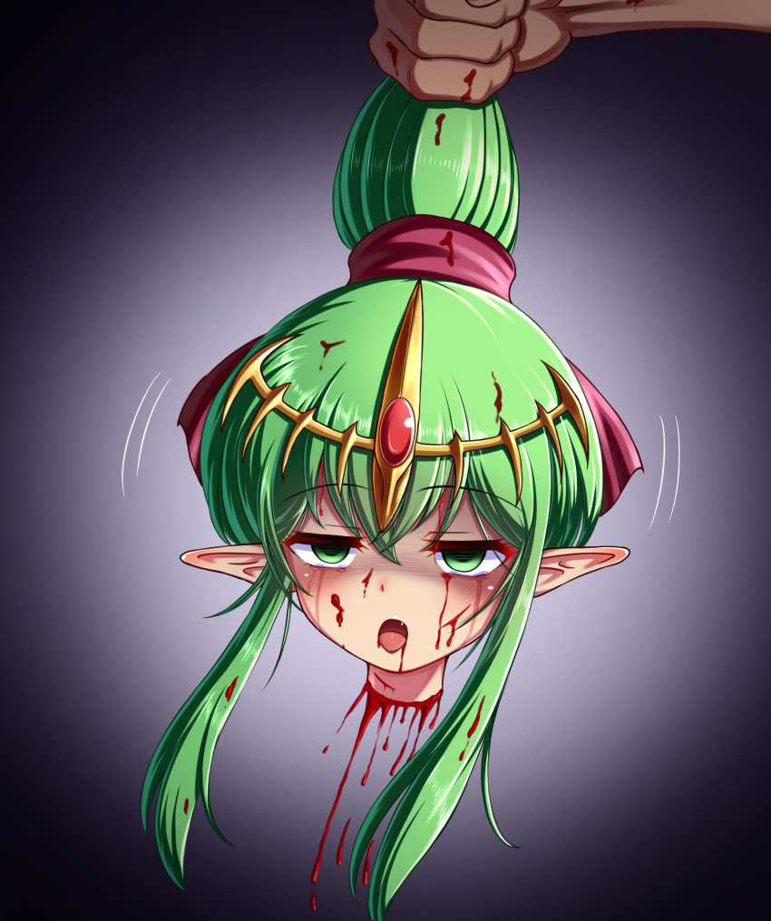 absurd_res blood blood_on_face bodily_fluids crying death decapitation digital_media_(artwork) dripping execution female fire_emblem gore green_eyes green_hair grotesque_death hair hi_res hondaranya humanoid humanoid_pointy_ears light_body light_skin long_hair mammal manakete nintendo not_furry offscreen_character open_mouth ponytail pulling_hair ryona severed_head snuff solo tears tiki_(fire_emblem) touching_hair video_games young