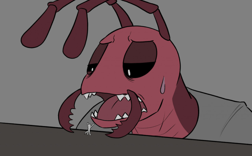 ambiguous_gender ant anthro arthropod black_eyes bodily_fluids canid canine clothing concerned duo grey_background hymenopteran imminent_vore insect joe_(joeleo55515) joeleo55515 looking_into_mouth macro male mammal mandibles micro pupils red_body shirt simple_background size_difference sweat sweatdrop teeth tongue topwear white_pupils