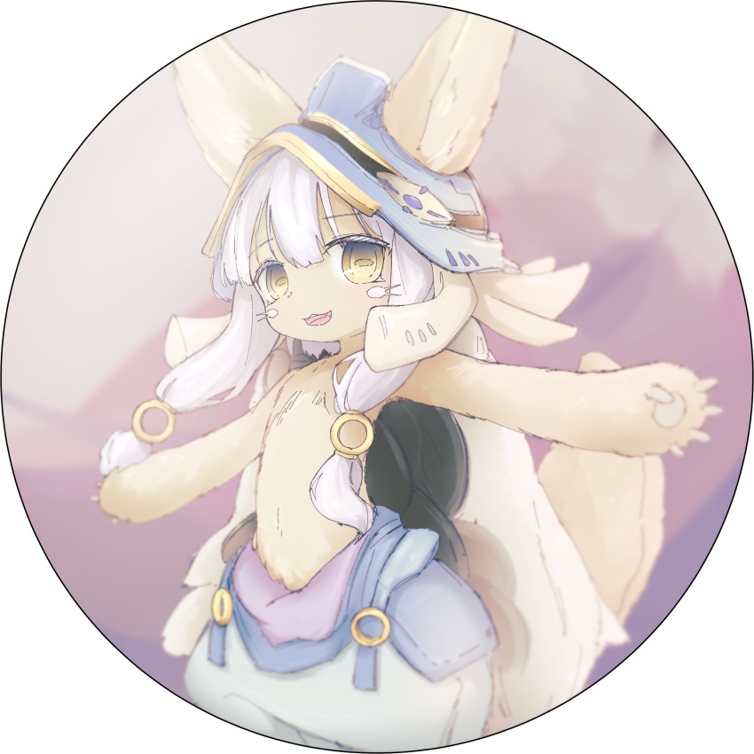 1other :3 absurdres blue_headwear blue_pants brown_background brown_fur commentary_request ears_through_headwear furry grey_hair gumi_(guminghc) hair_between_eyes helmet highres horizontal_pupils looking_at_viewer made_in_abyss nanachi_(made_in_abyss) open_mouth other_focus outstretched_arms pants puffy_pants round_image short_hair_with_long_locks sideways_glance solo spread_arms tail topless whiskers yellow_eyes