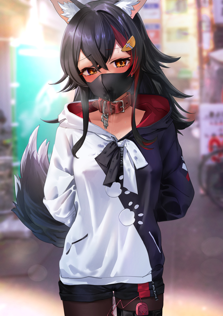 &lt;3 &lt;3_censor absurd_res animal_humanoid blush bodily_fluids breasts canid canid_humanoid canine canine_humanoid censored clothing collar female fur genital_fluids hair hi_res hololive hoodie humanoid long_hair looking_at_viewer mammal mammal_humanoid mask nipple_outline ookami_mio pussy_juice saliva sex_toy solo topwear urokong vibrator virtual_youtuber wolf_humanoid