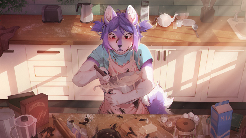 2022 5_fingers ambiguous_gender anthro apron baking blush canid canine canis clothed clothing detailed_background digital_media_(artwork) domestic_dog eyebrows eyelashes fingers fumiko hair hi_res mammal messy purple_hair red_eyes solo worried