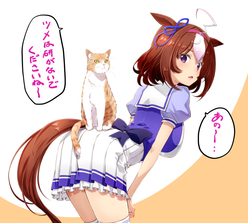 1girl ahoge animal_ears bangs breasts brown_hair cat cat_on_ass hairband highres horse_ears horse_girl horse_tail izumi_mahiru large_breasts leaning_forward looking_at_viewer looking_back meisho_doto_(umamusume) open_mouth puffy_short_sleeves puffy_sleeves purple_shirt sailor_collar school_uniform shirt short_sleeves skirt solo speech_bubble tail thighhighs tracen_school_uniform translation_request umamusume white_skirt white_thighhighs