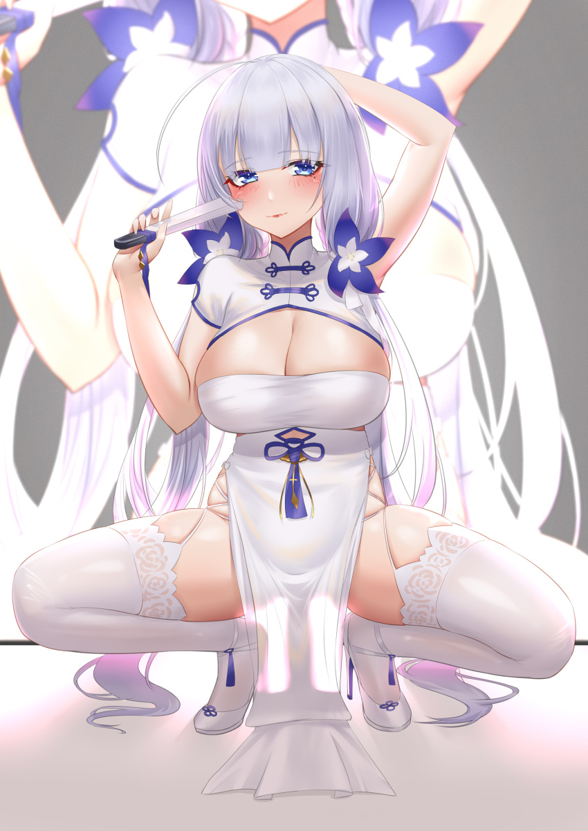 1girl absurdres arm_up azur_lane blue_eyes breasts china_dress chinese_clothes cleavage cutout_above_navel dress flower folded_fan folding_fan framed_breasts grey_background hair_flower hair_ornament hand_fan high_heels highres holding holding_fan huge_breasts ichikushi_mojibake illustrious_(azur_lane) illustrious_(maiden_lily's_radiance)_(azur_lane) long_hair looking_at_viewer official_alternate_costume pelvic_curtain purple_flower see-through see-through_dress see-through_silhouette short_sleeves simple_background solo spread_legs squatting stiletto_heels thighhighs tri_tails very_long_hair white_dress white_footwear white_garter_straps white_thighhighs