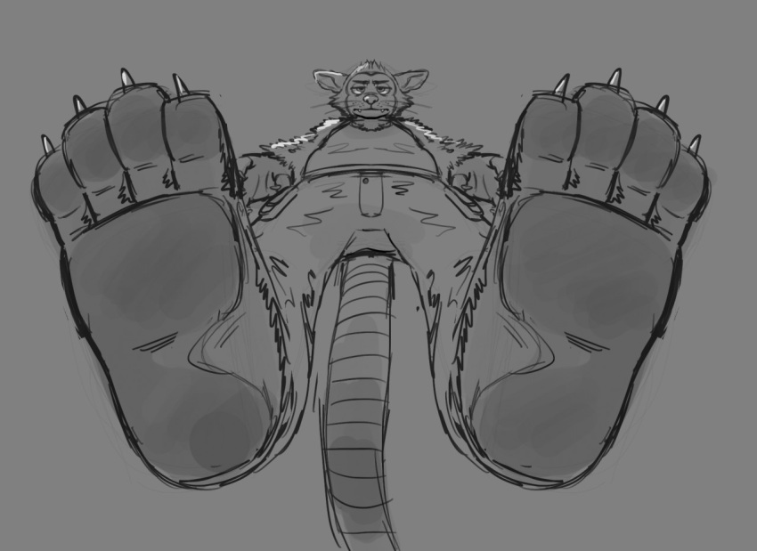 bottomwear claws clothing feet foot_focus fur greyscale joeleo55515 looking_at_viewer looking_down low-angle_view macro male mammal marsupial monochrome pants pawpads phalangeriform shirt solo topwear whiskers worm's-eye_view