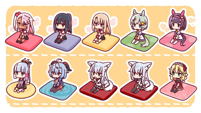 6+girls :3 animal_ear_fluff animal_ears bangs black_hair black_skirt black_thighhighs blonde_hair blue_hair blunt_bangs blush chibi chloe_von_einzbern commentary_request crossover cup cushion dark-skinned_female dark_skin detached_sleeves dress drinking ear_covers fate/kaleid_liner_prisma_illya fate_(series) fox_ears fox_tail ganyu_(genshin_impact) genshin_impact green_eyes green_hair grey_hair hair_bobbles hair_ornament hair_ribbon hairband hairclip hibiki_(kancolle) holding holding_cup homurahara_academy_school_uniform horns horse_ears horse_girl horse_tail idolmaster idolmaster_cinderella_girls illyasviel_von_einzbern jacket japanese_clothes kamisato_ayaka kantai_collection lolita_hairband long_hair long_sleeves miyu_edelfelt mole mole_under_eye multiple_girls nishino_flower_(umamusume) one_side_up pink_hair pink_ribbon pleated_skirt ponytail red_dress ribbon sailor_collar sakurai_momoka school_uniform seiun_sky_(umamusume) serafuku short_hair short_sleeves sidelocks simple_background sitting skirt smile socks tail thighhighs tracen_school_uniform tress_ribbon umamusume verniy_(kancolle) white_thighhighs yoru_nai yunomi