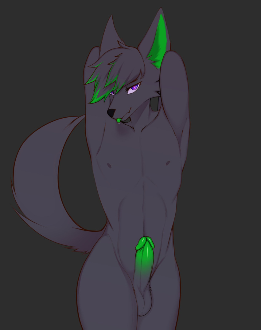 2021 abs anthro black_nose bodily_fluids canid canine canis colored curvy_anthro curvy_body curvy_figure curvy_male digital_drawing_(artwork) digital_media_(artwork) fiz_(instafiz) front_facing front_view fur genitals glowing glowing_eyes green_body green_ears green_fur green_hair green_hairtips green_penis green_tuft grey_background grey_body grey_fur hair half-length_portrait halfbody hands_behind_head head_tuft hi_res male mammal narrowed_eyes nastycalamari nipples nude penis portrait purple_eyes raised_arms saliva saliva_on_tongue simple_background skinny skinny_anthro skinny_male smile smiling_at_viewer snout solo tuft wide_hips wolf