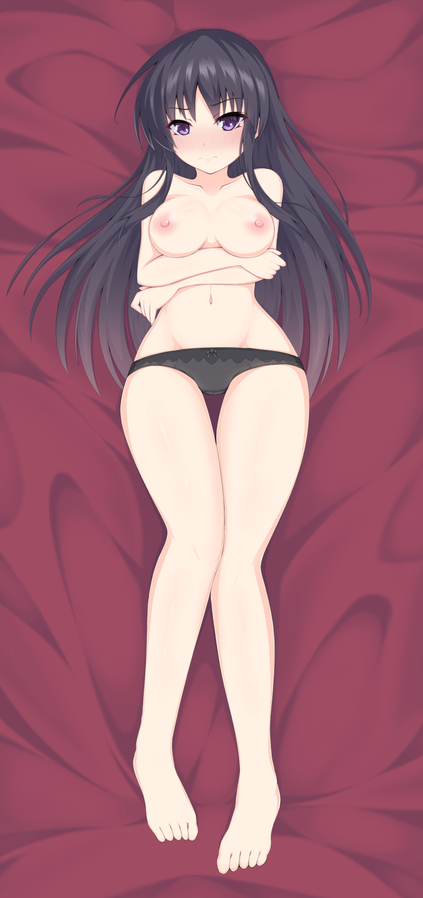 1girl absurdres arms_under_breasts assault_lily bangs bare_legs barefoot bed_sheet black_bow black_hair black_panties blush bow bow_panties breasts closed_mouth collarbone commentary_request crossed_arms dakimakura_(medium) full_body groin hair_spread_out highres kuroha_koudai long_hair long_legs looking_at_viewer lowleg lowleg_panties lying medium_breasts navel nipples nose_blush on_back panties purple_eyes shirai_yuyu sidelocks solo stomach topless underwear underwear_only very_long_hair wavy_mouth
