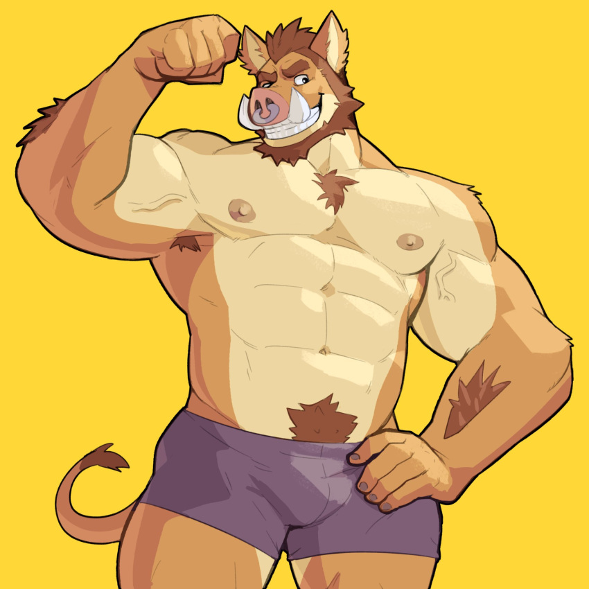 1:1 abs anthro armpit_hair beard body_hair brown_body brown_fur bulge chest_hair ear_piercing facial_hair fur happy_trail hi_res jrjresq male mammal muscular muscular_male nipples piercing smile solo suid suina sus_(pig) tusks wild_boar