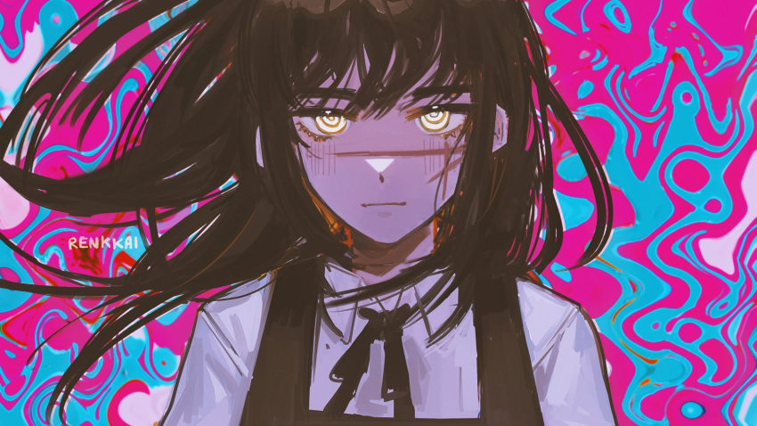 1girl bangs black_hair black_ribbon chainsaw_man closed_mouth collared_shirt cross_scar expressionless floating_hair highres looking_at_viewer medium_hair mitaka_asa neck_ribbon psychedelic renkkai ribbon ringed_eyes scar scar_on_cheek scar_on_face shirt signature solo straight-on upper_body war_devil_(chainsaw_man) yellow_eyes