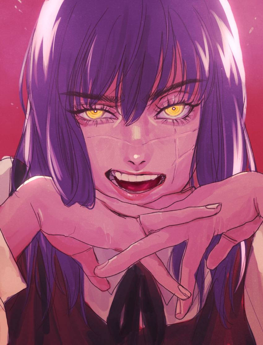 1girl bangs black_ribbon chainsaw_man collared_shirt cross_scar drgryu750 hair_between_eyes hands_on_own_chin highres lips lipstick long_sleeves makeup medium_hair mitaka_asa open_mouth pink_background purple_hair raised_eyebrows ribbon ringed_eyes scar scar_on_cheek scar_on_face shirt simple_background solo straight-on teeth upper_body war_devil_(chainsaw_man) yellow_eyes