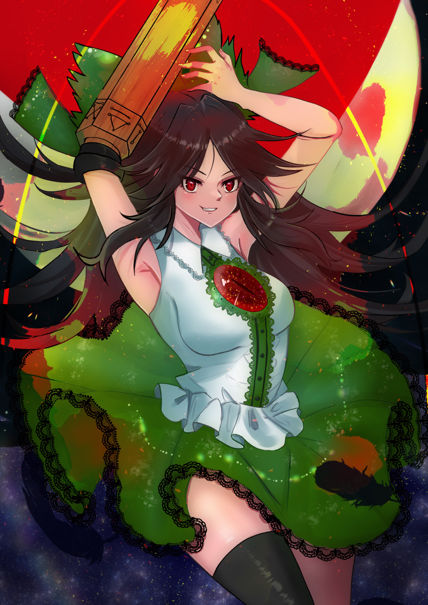 1girl absurdres arm_cannon armpits arms_up bangs bird_wings black_thighhighs black_wings blush bow breasts brown_hair buttons collared_shirt control_rod feet_out_of_frame frilled_shirt frills green_bow green_skirt grin hair_bow highres lace lace-trimmed_collar lace-trimmed_skirt lace_trim large_breasts long_hair looking_at_viewer mareni1147 parted_bangs red_eyes reiuji_utsuho shirt single_thighhigh skirt sleeveless sleeveless_shirt smile solo sun thighhighs third_eye touhou weapon white_shirt wings