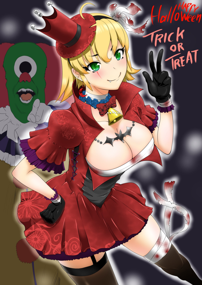 1girl absurdres alternate_costume bandaged_hand bandaged_leg bandaged_neck bandages bangs bell black_gloves black_hairband black_thighhighs blonde_hair blood blush bow bowtie breasts cafe_no_zombi-ko cleavage closed_mouth clown commentary_request dress feet_out_of_frame frilled_sleeves frills garter_straps gloves green_eyes hair_between_eyes hairband happy_halloween hat highres it_(stephen_king) jewelry large_breasts looking_at_viewer neck_bell necklace project_upd8 puffy_short_sleeves puffy_sleeves red_bow red_bowtie red_dress red_headwear sarashi scar scar_across_eye short_dress short_hair short_sleeves smile thighhighs top_hat trick_or_treat virtual_youtuber w yusuranochannel