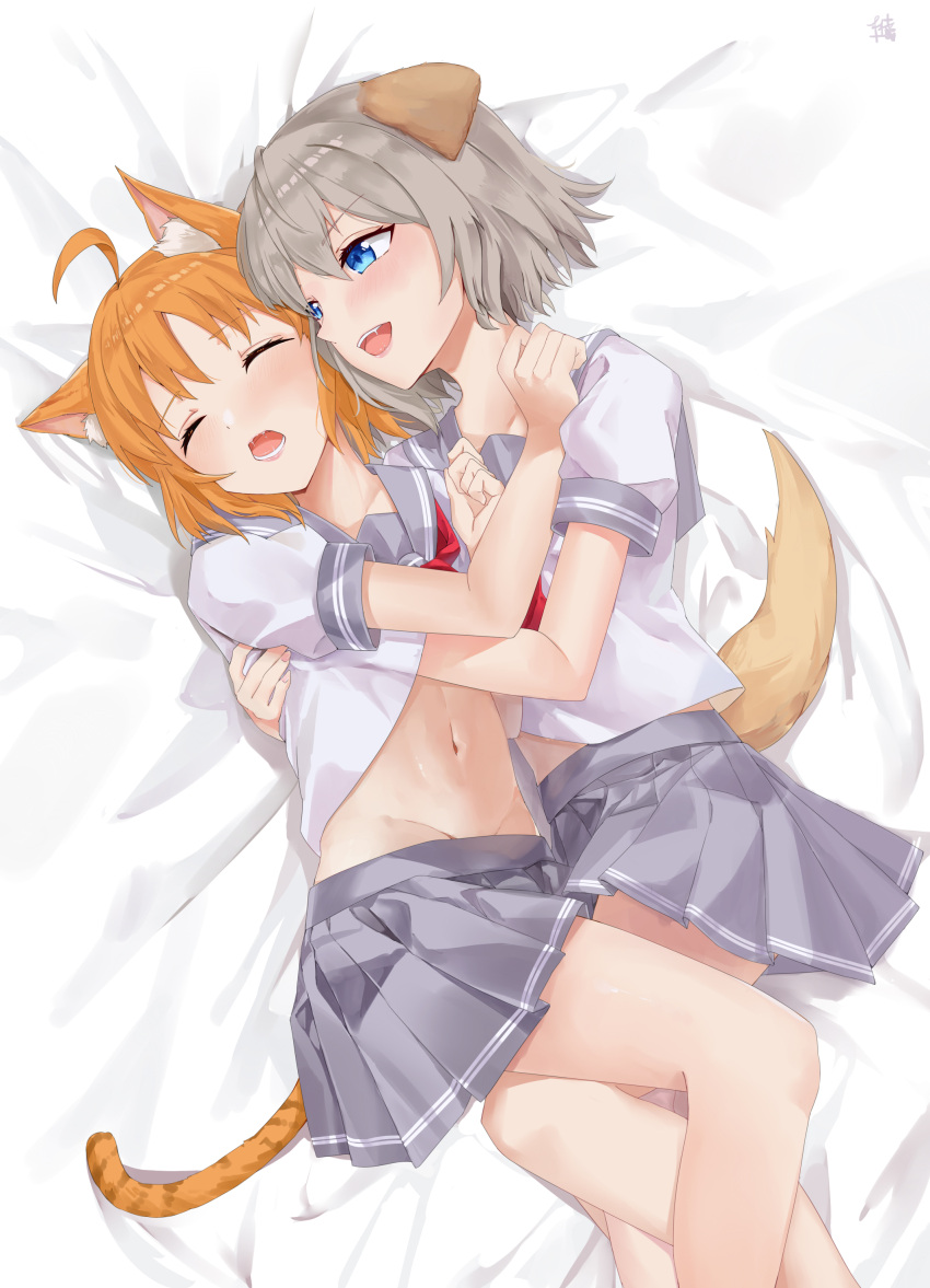 2girls :d absurdres ahoge animal_ear_fluff animal_ears arm_around_back artist_name bangs bed_sheet blue_eyes blush cat_ears cat_girl cat_tail closed_eyes clothes_lift clothes_pull commentary_request dog_ears dog_girl dog_tail feet_out_of_frame feza_chen_(ushaku) fingernails grey_hair grey_sailor_collar grey_skirt groin hair_between_eyes hand_on_another's_back hand_on_another's_chest hand_on_another's_shoulder hand_under_clothes hand_under_shirt hands_up heads_together highres kemonomimi_mode leg_between_thighs lifted_by_another looking_at_another love_live! love_live!_sunshine!! lower_teeth lying midriff_peek miniskirt multiple_girls navel neckerchief no_panties on_side open_mouth orange_hair pleated_skirt red_neckerchief sailor_collar saliva school_uniform serafuku shirt shirt_lift short_hair short_sleeves side-by-side skirt skirt_pull smile stomach summer_uniform tail takami_chika teeth upper_teeth uranohoshi_school_uniform watanabe_you white_shirt yuri