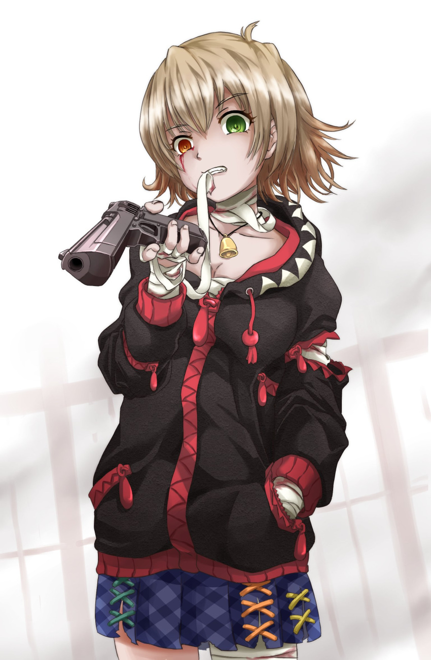 1girl bandaged_hand bandaged_neck bandages bangs black_hoodie blonde_hair blood blue_skirt breasts cafe_no_zombi-ko cleavage commentary_request cowboy_shot green_eyes gun hand_in_pocket handgun heterochromia highres holding holding_gun holding_weapon hood hood_down hoodie kanimusiv_v long_sleeves medium_breasts mouth_hold orange_eyes plaid plaid_skirt project_upd8 short_hair skirt solo virtual_youtuber weapon