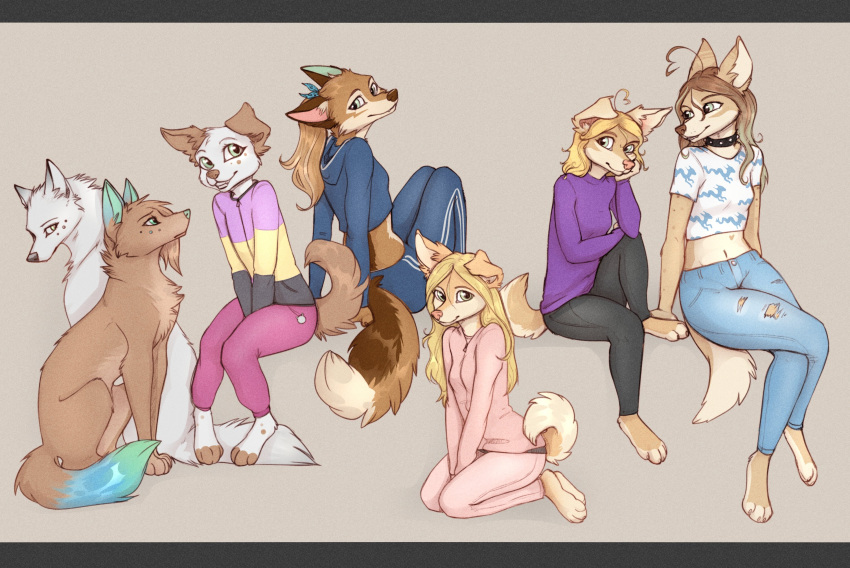 2022 anthro barefoot blonde_hair breasts brown_body brown_fur brown_hair canid canine canis clothed clothing domestic_dog feet female feral floppy_ears fully_clothed fur group hair hi_res mammal midriff sitting smile white_body white_fur wolf yshanii