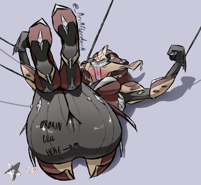 1girl anus arcafterdark artist_name ass ass_focus bdsm blush body_writing bondage bound bound_knees breasts clenched_hands colored_skin grey_skin high_heels highres khora_(warframe) legs_folded legs_together lying on_back presenting pussy simple_background solo warframe