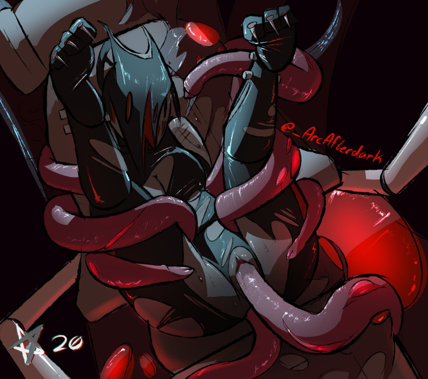 1girl alternate_costume anal arcafterdark bound bound_thighs breasts chair claws colored_skin eldritch_abomination feet grey_skin helminth_infirmary_(warframe) highres legs_up multicolored_skin pussy rape sex signature sitting sweat tentacle_grab tentacle_sex tentacles toes torn_clothes valkyr_(warframe) warframe