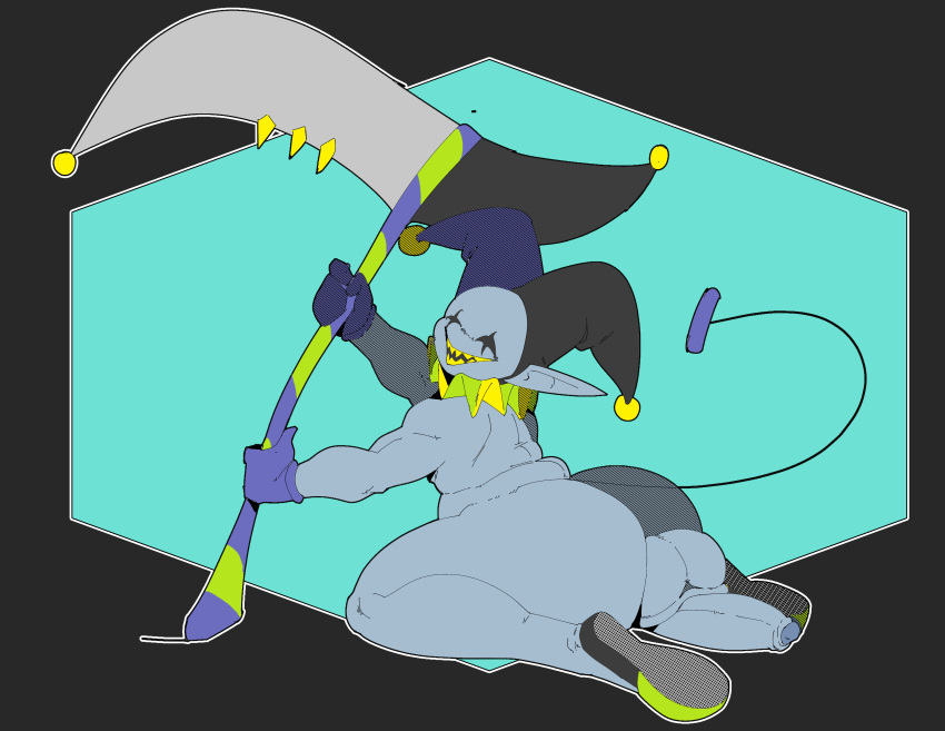absurd_res balls big_balls big_butt big_penis butt clothing darkner deltarune eyes_closed felinecanis fool's_hat footwear genitals gloves handwear hat headgear headwear hi_res holding_scythe huge_butt humanoid humanoid_pointy_ears imp jevil_(deltarune) male melee_weapon open_mouth open_smile penis penis_backwards polearm scythe shoes sitting smile solo thick_thighs undertale_(series) video_games weapon