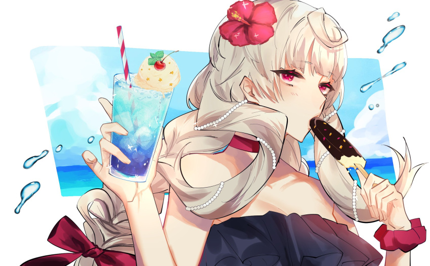 1girl absurdly_long_hair ahoge black_dress black_eyeshadow blue_hawaii blush border breasts chocolate_banana cleavage dress drinking_straw eating eyeshadow flower food from_side glass grey_hair hibiscus highres holding holding_food ice_cream long_hair looking_at_viewer low_twintails makeup medium_breasts mgi_tea nijisanji nijisanji_en ocean purple_eyes purple_eyeshadow reimu_endou scrunchie solo splashing summer twintails very_long_hair virtual_youtuber white_background wrist_scrunchie