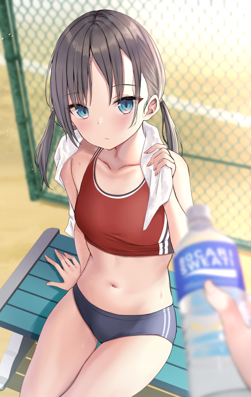 1girl akino_ell bare_arms bare_shoulders black_buruma blue_eyes blurry bottle brown_hair buruma closed_mouth depth_of_field highres long_hair looking_at_viewer midriff navel original pocari_sweat sitting solo sports_bra stomach sweat thighs towel towel_around_neck twintails water_bottle