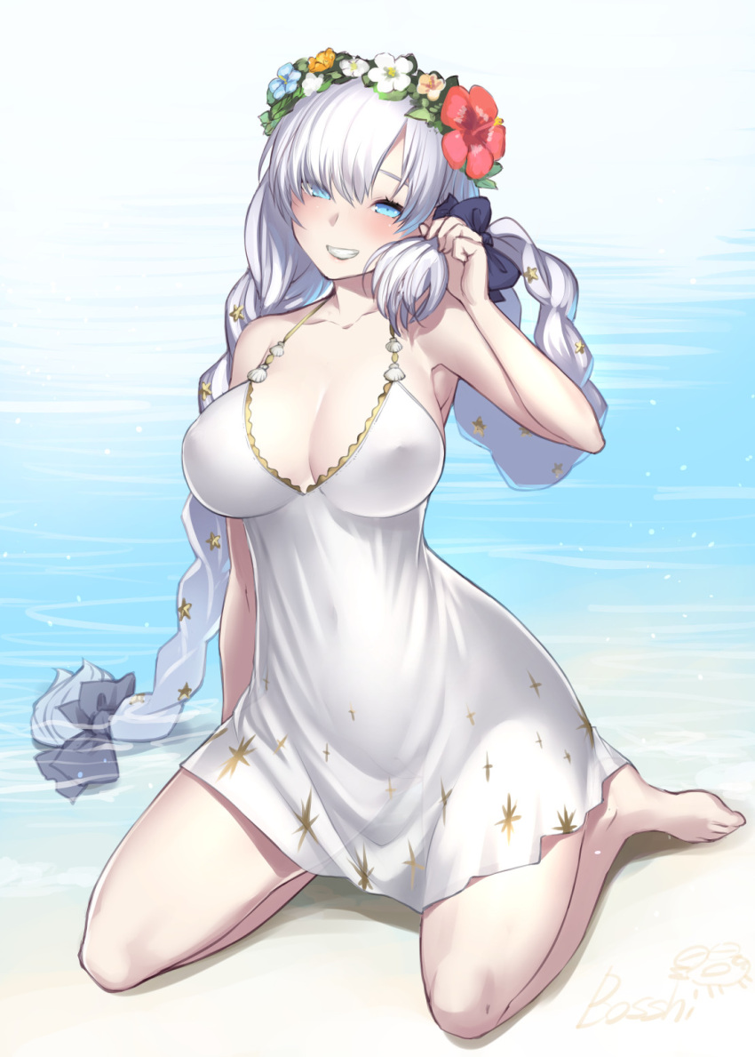 1girl anastasia_(fate) anastasia_(swimsuit_archer)_(fate) bangs bare_shoulders beach blue_eyes blush bosshi bow braid breasts cleavage collarbone dress dress_swimsuit fate/grand_order fate_(series) flower_wreath grin hair_bow hair_over_one_eye head_wreath highres large_breasts long_hair looking_at_viewer shore sitting smile solo twin_braids very_long_hair wariza wet white_dress white_hair