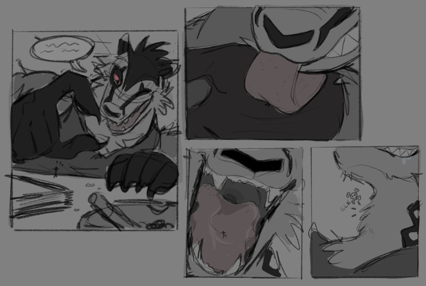 ambiguous_gender ambiguous_prey ambiguous_species anthro black_hands bodily_fluids claws clothed clothing comic death duo facial_markings fangs fingers four_frame_image four_frame_sequence fur grey_background grey_body head_markings hi_res joeleo55515 licking macro male markings micro nintendo obstagoon on_tongue one_eye_closed onomatopoeia open_mouth paper pok&eacute;mon pok&eacute;mon_(species) saliva shirt simple_background size_difference skull_and_crossbones sound_effects stick_figure swallowing teeth text tongue tongue_out topwear tuft video_games vore