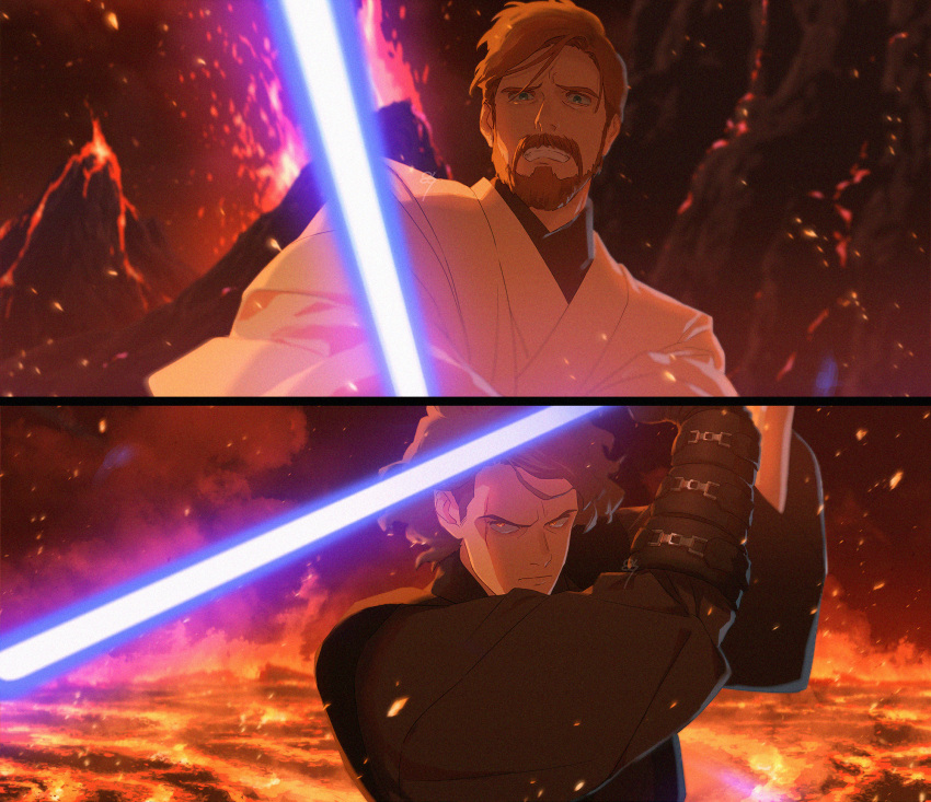 0109_(artist) 2boys anakin_skywalker beard brown_hair closed_mouth commentary_request dark energy_sword facial_hair fantasy fighting_stance highres holding holding_weapon jedi lightsaber long_sleeves male_focus molten_rock multiple_boys obi-wan_kenobi orange_eyes robe scar scar_across_eye scene_reference science_fiction serious short_hair star_wars sword teeth volcano weapon