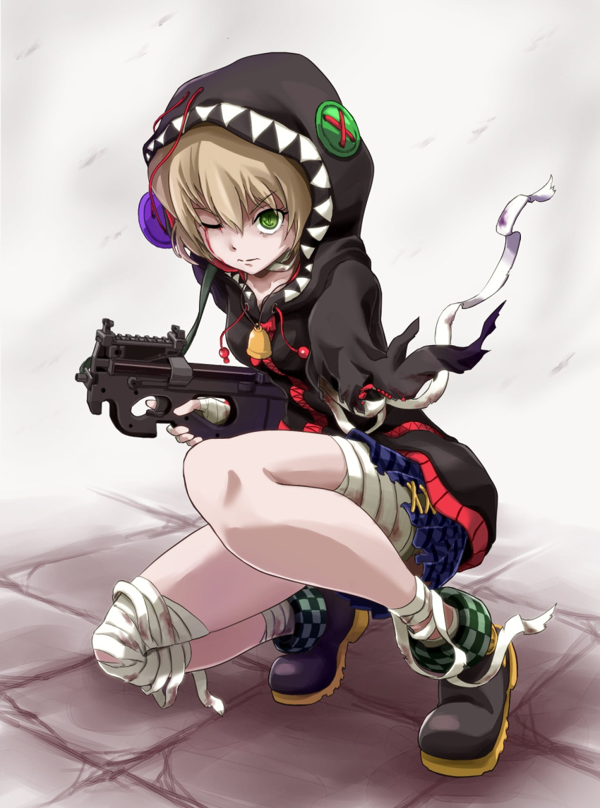 1girl bandaged_hand bandaged_leg bandaged_neck bandages bangs bell black_footwear black_hoodie blonde_hair blood blood_from_eyes blue_skirt breasts bullpup buttons cafe_no_zombi-ko closed_mouth commentary_request expressionless full_body green_eyes gun hair_between_eyes highres holding holding_gun holding_weapon hood hood_down hood_up hoodie kanimusiv_v medium_breasts miniskirt one_eye_closed p90 plaid plaid_skirt project_upd8 shoes short_hair skirt solo squatting submachine_gun virtual_youtuber weapon