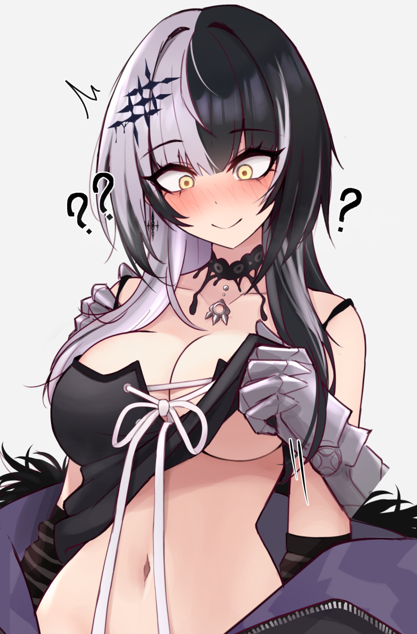 1girl :&gt; ? ^^^ arms_at_sides black_choker black_coat black_dress black_hair blush breasts breath choker closed_mouth clothes_lift coat coat_partially_removed constricted_pupils cross cross_earrings disembodied_limb dress dress_lift earrings fur-trimmed_coat fur_trim gauntlets grey_background grey_hair hair_ornament highres hololive hololive_english jewelry lace lace_choker large_breasts lifting_another's_clothes long_hair looking_down m_r_b multicolored_hair navel ribbon shiori_novella shiori_novella_(1st_costume) simple_background sleeveless sleeveless_dress speed_lines split-color_hair striped_arm_warmers two-sided_coat two-sided_fabric two-tone_hair virtual_youtuber white_ribbon wide-eyed yellow_eyes zipper