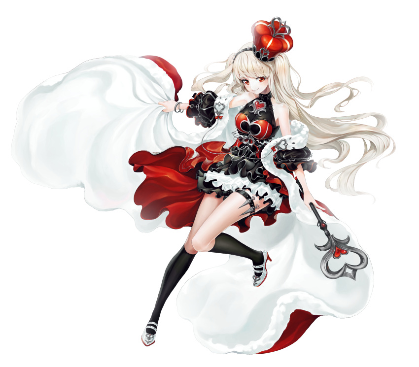 1girl absurdres bare_shoulders black_socks blonde_hair breasts cape closed_mouth copyright_request crown full_body hairband highres holding holding_wand large_breasts long_hair looking_at_viewer lumeru_33 princess red_cape red_eyes shoes showgirl_skirt simple_background smile socks solo spiked_hairband spikes twintails two-sided_cape two-sided_fabric wand white_background