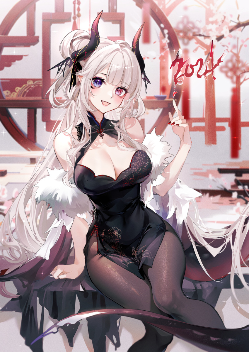 1girl 2024 arm_support bare_shoulders black_dress breasts brown_pantyhose china_dress chinese_clothes chinese_zodiac cleavage cleavage_cutout clothing_cutout covered_navel dragon_horns dragon_tail dress fang feather_boa fine_fabric_emphasis floral_print hair_bun hand_up heterochromia highres horns kity1211_tetsu lace_trim large_breasts long_hair looking_at_viewer nail_polish open_mouth original pantyhose pelvic_curtain pointy_ears print_dress purple_eyes red_eyes red_nails sidelocks sitting sleeveless sleeveless_dress smile solo tail very_long_hair white_hair