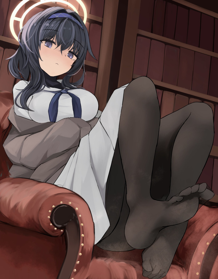1girl alternate_breast_size armchair b6_(b6_n2) black_hair black_pantyhose black_undershirt blue_archive blue_eyes blue_hairband blue_neckerchief breasts brown_cardigan cardigan chair commentary_request feet hair_between_eyes hairband halo highres large_breasts long_hair long_skirt looking_at_viewer neckerchief pantyhose sitting skirt solo steaming_body ui_(blue_archive) white_skirt