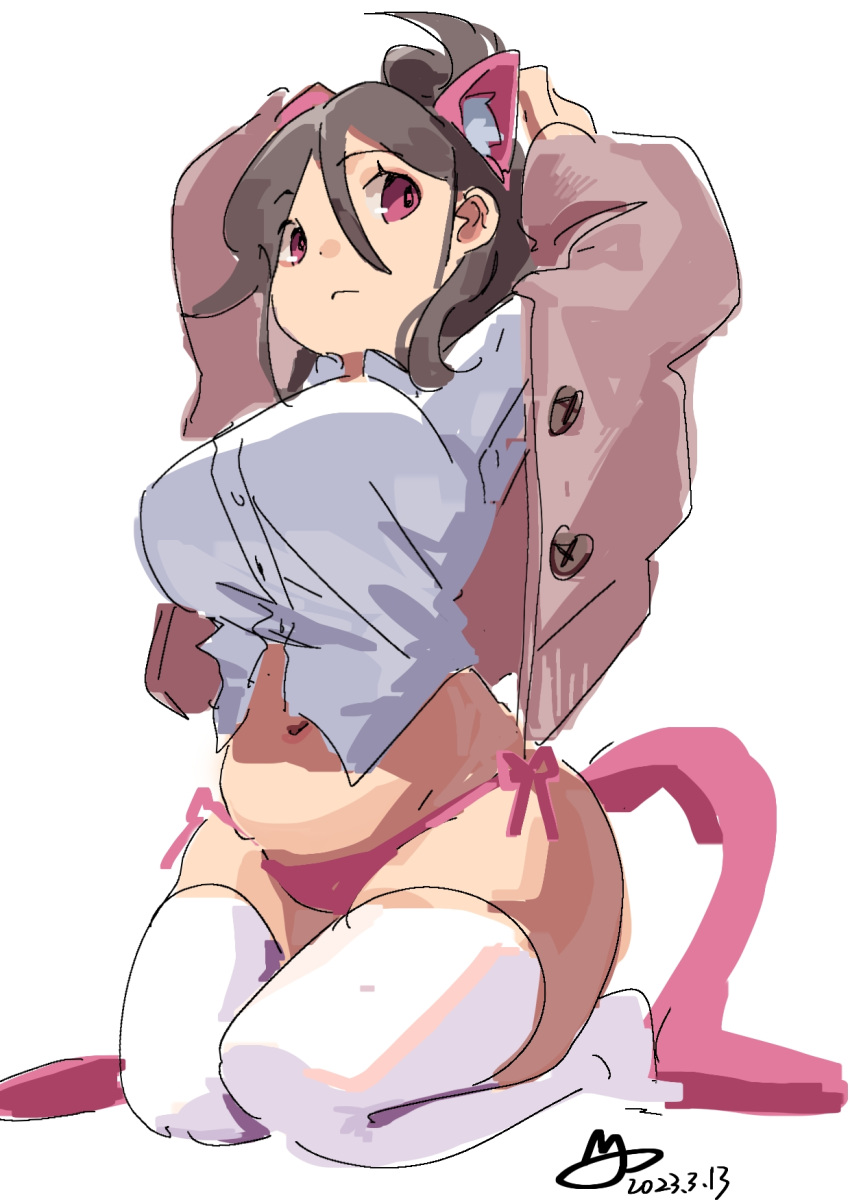 1girl adjusting_hair animal_ear_fluff animal_ears breasts brown_cardigan brown_hair cardigan cat_ears cat_girl closed_mouth collared_shirt commentary_request highres lanter_qwq large_breasts looking_at_viewer looking_to_the_side navel original panties pink_eyes pink_panties plump shirt side-tie_panties sketch solo tail thighhighs thighs underwear white_background white_shirt white_thighhighs