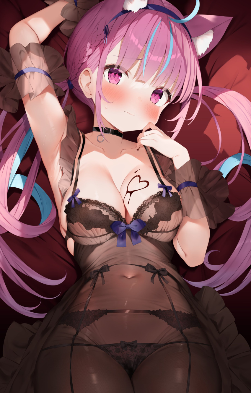 1girl absurdres ahoge animal_ear_fluff animal_ears armpits belt_collar blue_hair blush bow bow_panties breasts cat_ears chocolate chocolate_on_body chocolate_on_breasts chocolate_syrup closed_mouth collar colored_inner_hair commentary commentary_request food_on_body frills garter_belt hair_tie hairband highres hololive lace lace_trim large_breasts lingerie long_hair looking_at_viewer lying minato_aqua multicolored_hair on_back on_bed panties pink_hair purple_eyes saki_(saki_paint) solo streaked_hair twintails two-tone_hair underwear virtual_youtuber