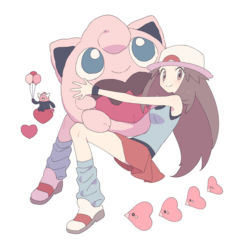 1girl agt_bp balloon bewear brown_eyes brown_hair closed_mouth hat heart highres holding holding_balloon holding_pokemon jigglypuff leaf_(pokemon) long_hair loose_socks luvdisc pokemon pokemon_(creature) pokemon_frlg porkpie_hat red_skirt shirt skirt sleeveless sleeveless_shirt smile socks white_background white_headwear wristband