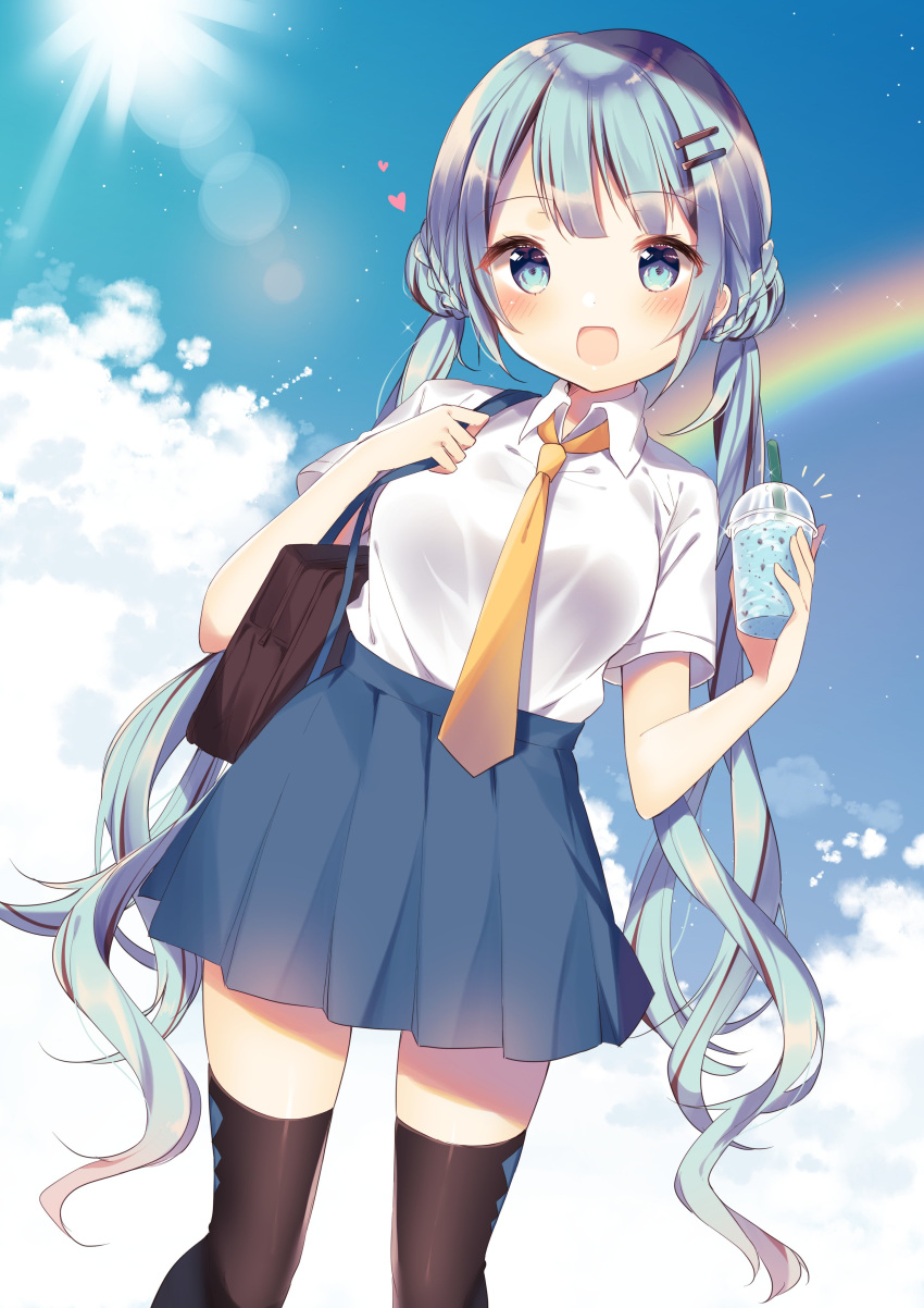 1girl :d absurdres bag black_hair black_legwear blue_eyes blue_hair blue_skirt blue_sky blush braided_bun breasts cloud cloudy_sky collared_shirt cup day disposable_cup double_bun drinking_straw glint hair_ornament hairclip hands_up heart high-waist_skirt highres holding holding_cup lens_flare light_particles long_hair looking_at_viewer medium_breasts multicolored_hair necktie notice_lines open_mouth orange_neckwear original outdoors pleated_skirt rainbow school_bag school_uniform shiino_sera shirt shirt_tucked_in short_sleeves sidelocks skirt sky smile solo standing streaked_hair sun sunlight thighhighs twintails very_long_hair white_shirt zettai_ryouiki