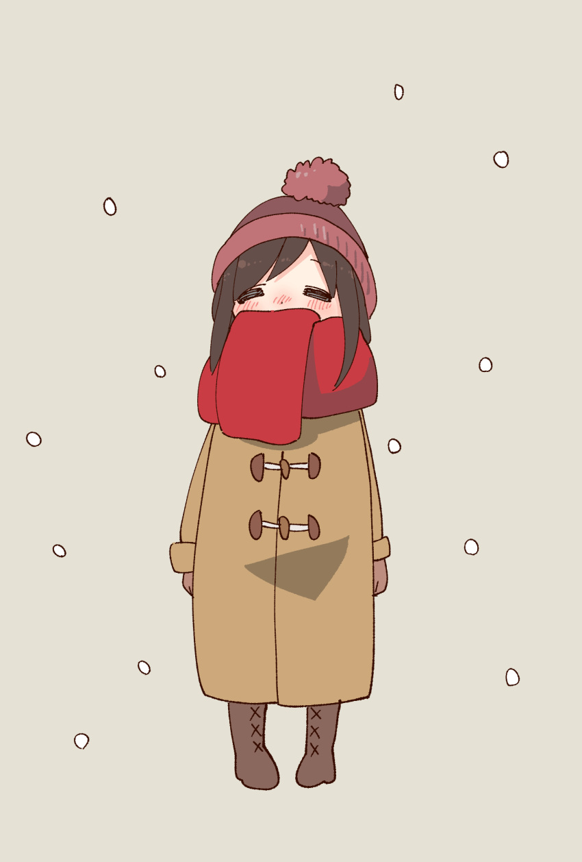 1girl =_= beanie blush boots brown_gloves check_commentary coat commentary commentary_request dot_nose full_body gloves hat highres hitori_bocchi hitoribocchi_no_marumaru_seikatsu katsuwo_(cr66g) pom_pom_(clothes) pom_pom_beanie red_scarf scarf simple_background snowing solo winter_clothes winter_coat