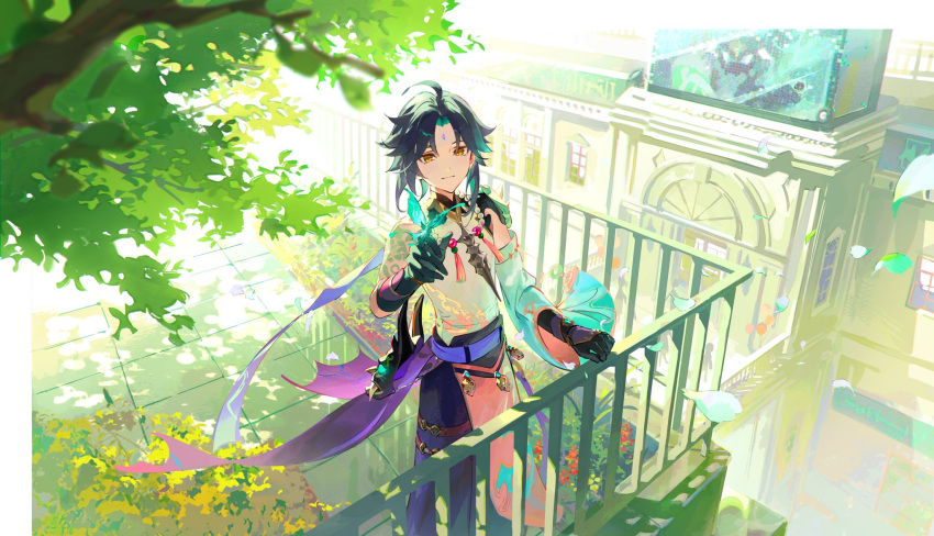 1boy ahoge black_gloves black_pants blue_sash commentary_request detached_sleeves facial_mark forehead_mark genshin_impact gloves green_hair highres male_focus official_art pants railing sash second-party_source shirt single_sleeve solo standing white_shirt xiao_(genshin_impact) yellow_eyes