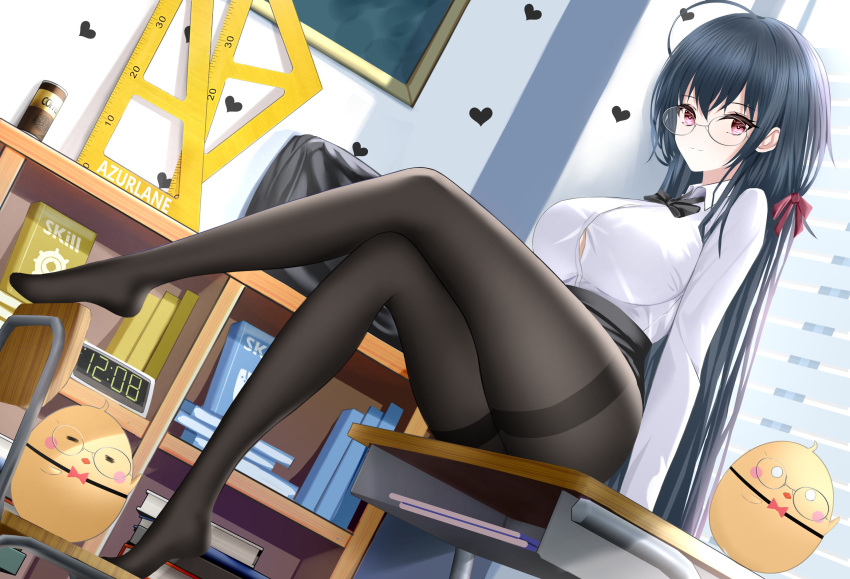 1girl ahoge azur_lane bag bespectacled black_bag black_bow black_bowtie black_hair black_pantyhose black_skirt bow bowtie breasts collared_shirt copyright_name crossed_legs defensive_skill_book_(azur_lane) desk full_body glasses hair_between_eyes hair_ribbon highres indoors large_breasts long_hair long_sleeves looking_at_viewer manjuu_(azur_lane) miniskirt official_alternate_costume on_desk pantyhose red_eyes red_ribbon ribbon round_eyewear school_bag school_desk school_uniform shirt sitting sitting_on_desk skirt solo support_skill_book_(azur_lane) taihou_(azur_lane) taihou_(sweet_time_after_school)_(azur_lane) thighband_pantyhose tina_(tinafya) very_long_hair white_shirt