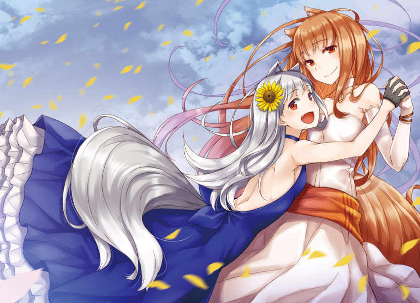 2girls :d animal_ears ayakura_juu back backboob backless_dress backless_outfit bare_shoulders black_gloves blue_dress blush breasts brown_hair character_request closed_mouth collar collarbone commentary_request day dress elbow_gloves falling_petals fang floating_hair flower frilled_dress frills gloves grey_hair hair_between_eyes hair_flower hair_ornament hand_up happy holding_hands holo hug interlocked_fingers long_hair looking_at_viewer mother_and_daughter multiple_girls myuri_(spice_and_wolf) open_mouth outdoors petals red_eyes small_breasts smile spice_and_wolf sunflower sunflower_hair_ornament tail wedding_dress white_collar white_dress white_gloves wind wolf_ears wolf_girl wolf_tail