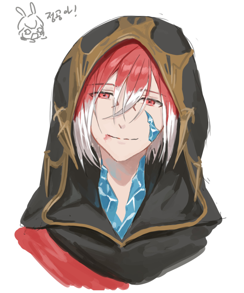 1boy blood blood_from_mouth chibi chibi_inset closed_mouth crystal crystal_exarch final_fantasy final_fantasy_xiv g'raha_tia head_tilt highres hood hood_up looking_at_viewer lumeru_33 male_focus multicolored_hair red_eyes red_hair short_hair simple_background smile solo streaked_hair white_background white_hair