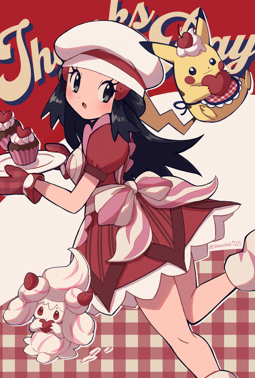 1girl alcremie alcremie_(strawberry_sweet) apron black_hair blush bow chef_hat cherry cupcake dawn_(palentine's_2021)_(pokemon) dawn_(pokemon) dress eyelashes food food-themed_hair_ornament fruit grey_eyes hair_ornament hairclip happy_valentine hat heart highres holding long_hair mittens official_alternate_costume open_mouth oven_mitts pikachu plaid pokemon pokemon_(creature) pokemon_dppt pokemon_masters_ex pokemon_platinum red_dress red_mittens sawarabi_(sawarabi725) short_sleeves sidelocks simple_background strawberry_hair_ornament whipped_cream white_headwear