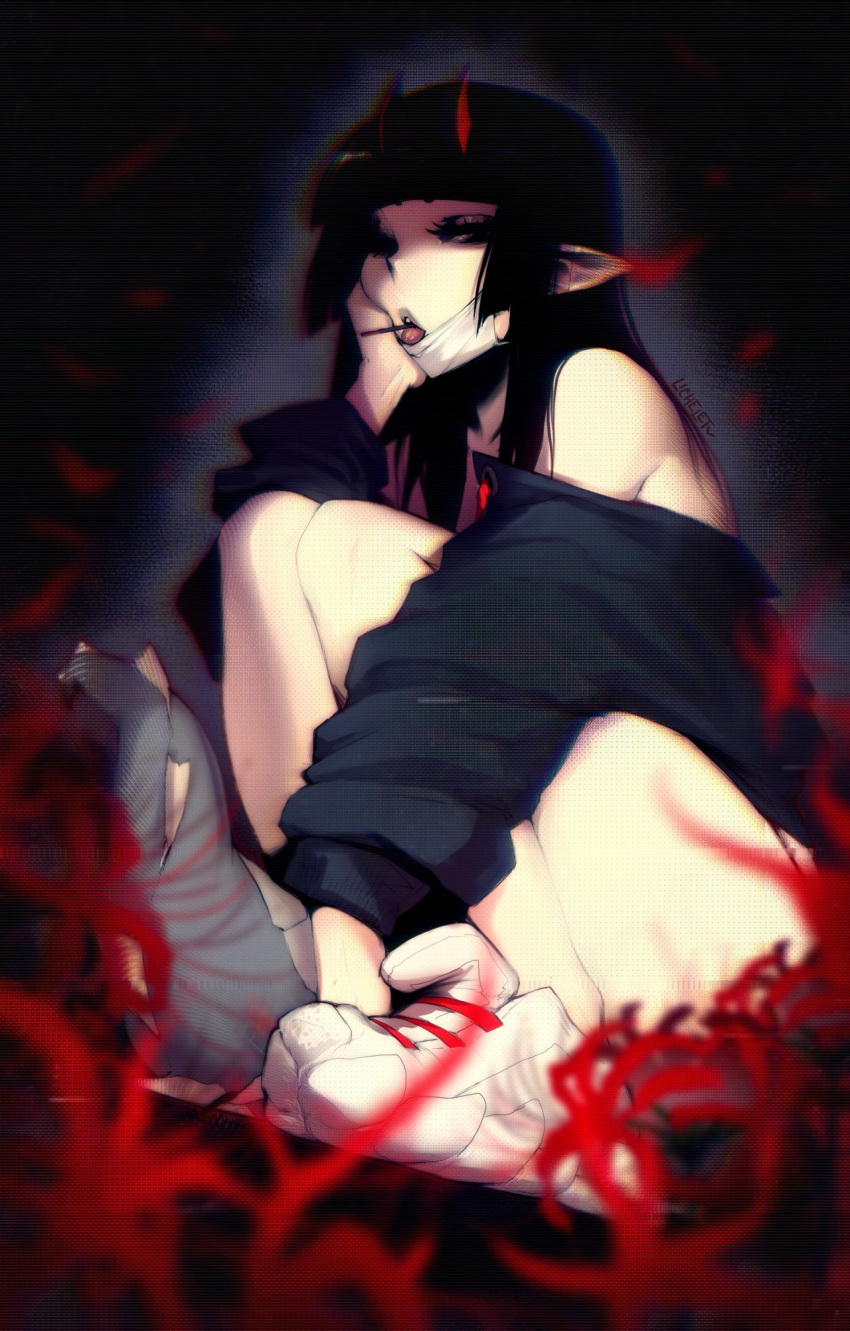 1girl black_hair black_hoodie borrowed_character commentary dragon_tail english_commentary grey_lips highres hood hoodie horns liche_(wiggly_liche) long_hair mask mouth_mask off_shoulder open_clothes open_hoodie original pointy_ears red_horns shoes sneakers solo squatting tail taki_(puk) white_footwear