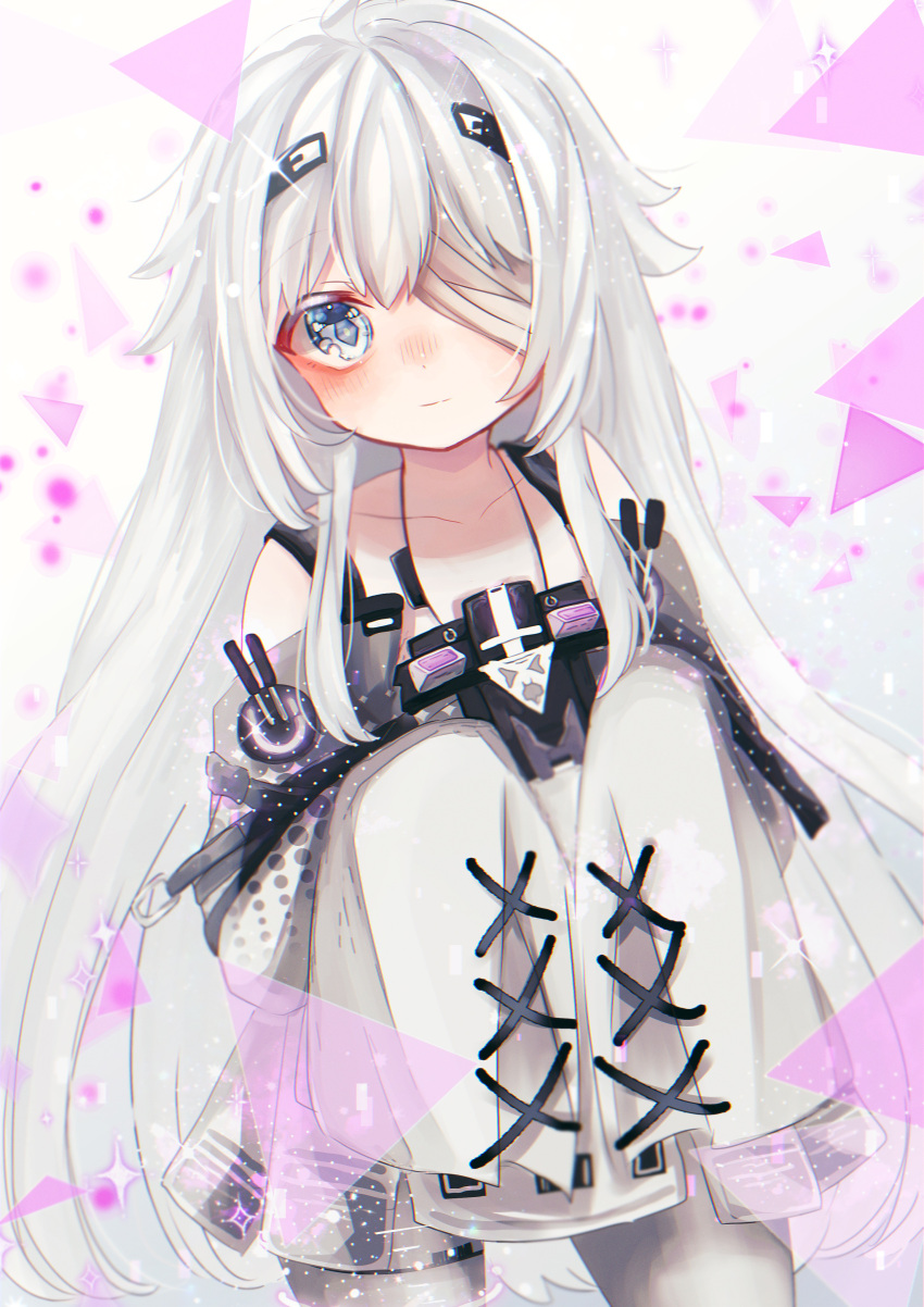 1girl absurdres bandage_over_one_eye bare_shoulders chest_protector closed_mouth dress grey_dress grey_eyes grey_hair hair_between_eyes hair_intakes headgear highres long_hair misoso_25 no.21:_xxi_(punishing:_gray_raven) no.21_(punishing:_gray_raven) punishing:_gray_raven sidelocks sleeves_past_fingers sleeves_past_wrists solo suspenders