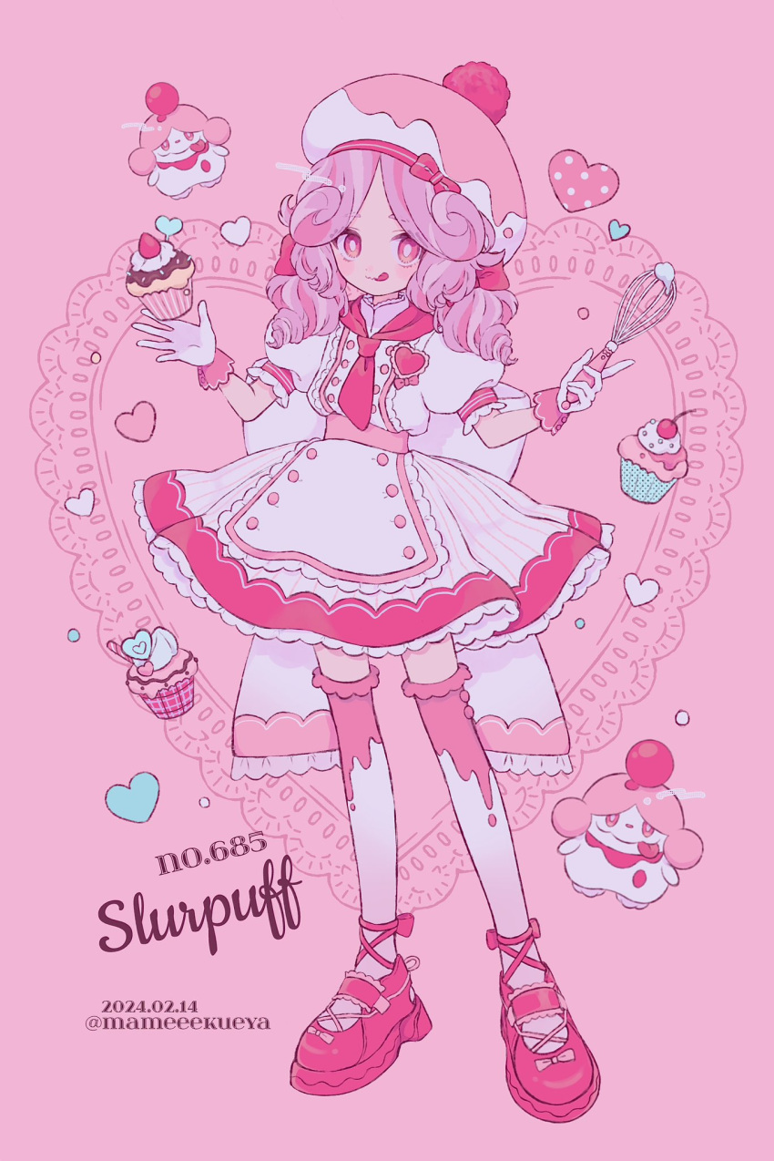 1girl bow commentary_request cupcake dated dress food full_body gloves hat heart highres holding holding_whisk mameeekueya pink_background pink_bow pink_eyes pink_footwear pink_hair pokemon pokemon_(creature) pom_pom_(clothes) slurpuff thighhighs tongue tongue_out twintails twitter_username whisk