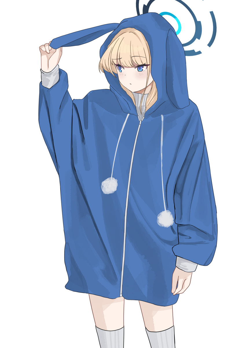 1girl absurdres blonde_hair blue_archive blue_eyes blue_halo blue_hoodie blush closed_mouth cowboy_shot halo highres hood hood_down hoodie long_hair long_sleeves pom_pom_(clothes) simple_background solo sweater thighhighs tnr_(horiko1525) toki_(blue_archive) white_background white_sweater white_thighhighs