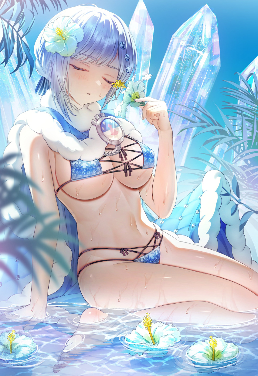 1girl absurdres akershus_fortress_(oshiro_project) badge bikini blue_bikini blue_cape blue_cloak blue_eyes blush breasts cape cleavage cloak closed_eyes crystal dripping flower fluff fur-trimmed_cape fur-trimmed_cloak fur_trim hair_ornament highres in_water large_breasts navel oshiro_project:re outdoors padded_cloak short_hair sitting solo sweat swimsuit syandega thighs water wet white_hair