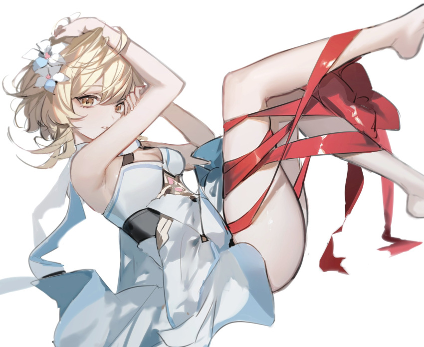 1girl blonde_hair breasts cleavage commentary_request dress flower genshin_impact hair_flower hair_ornament highres looking_at_viewer lumine_(genshin_impact) red_ribbon ribbon short_hair simple_background sleeveless sleeveless_dress small_breasts solo thighs umenoume white_background white_dress white_flower yellow_eyes