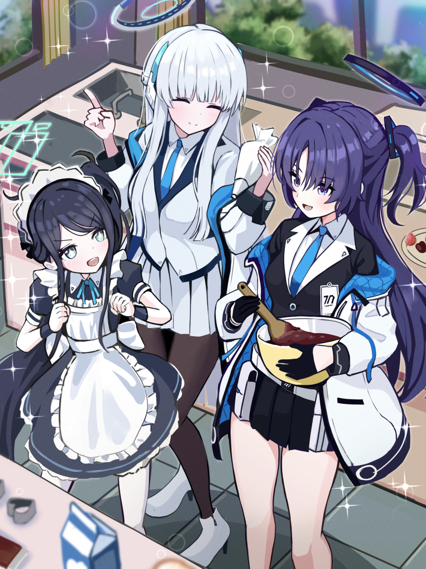 3girls absurdres apron aris_(blue_archive) aris_(maid)_(blue_archive) black_dress black_gloves black_hair black_skirt blue_archive blue_necktie bowl chocolate_making closed_eyes closed_mouth collared_shirt dress gloves grey_hair half_gloves halo headphones highres holding holding_bowl holding_pastry_bag holding_spatula indoors jacket long_hair long_sleeves looking_at_another maid_apron maid_headdress milk_carton multiple_girls necktie noa_(blue_archive) official_alternate_costume open_mouth pastry_bag pleated_skirt purple_eyes purple_hair shirt short_sleeves sidelocks skirt smile sparkling_eyes spatula standing thomason366 two-sided_fabric two-sided_jacket two_side_up upper_body very_long_hair white_apron white_footwear white_jacket white_shirt white_skirt yuuka_(blue_archive)